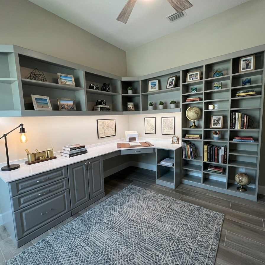 Custom celadon green home office with L-shaped desk, wraparound open shelving, and under-cabinet lighting, More Space Place