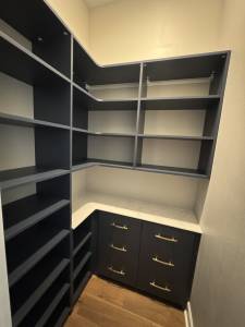 Navy blue walk-in pantry with open shelving, corner configuration, Thinscape quartz countertop, and base drawers with gold bar pulls