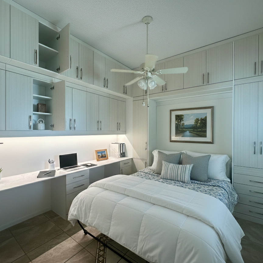 Floor-to-ceiling Murphy bed office system in white contemporary casework with LED desk lighting and Thinscape countertop